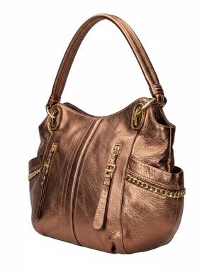 b. makowsky Metallic Copper Shoulder Bag with Gold Hardware and Chain Trim